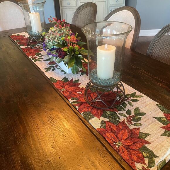 Christmas Poinsettia Metallic Plaid Tapestry Table Runner 13x70 Cream Red NWT - Picture 6 of 9